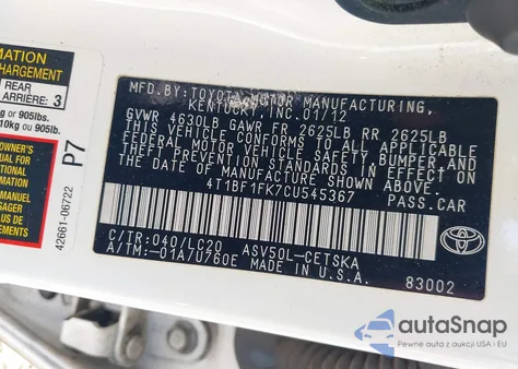 2012 Toyota Camry Se z USA, uszkodzony, nr VIN 4T1BF1FK7CU545367